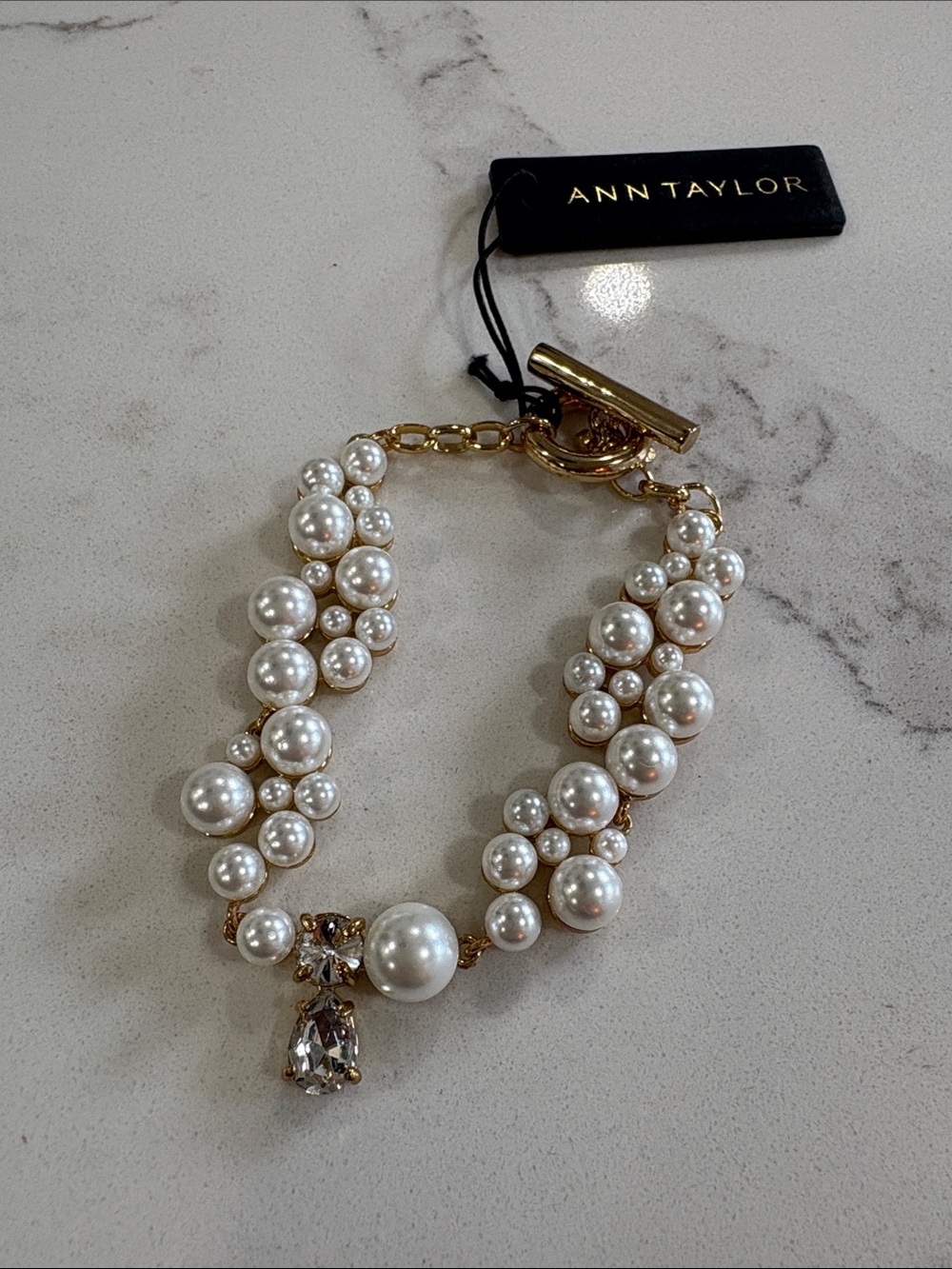 Ann Taylor Gold-Tone Pearl Cluster Bracelet with Crystal Charm
